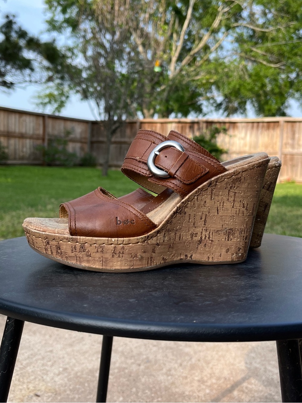 b.o.c. Brown Leather Cork Wedge Sandals with Buckle